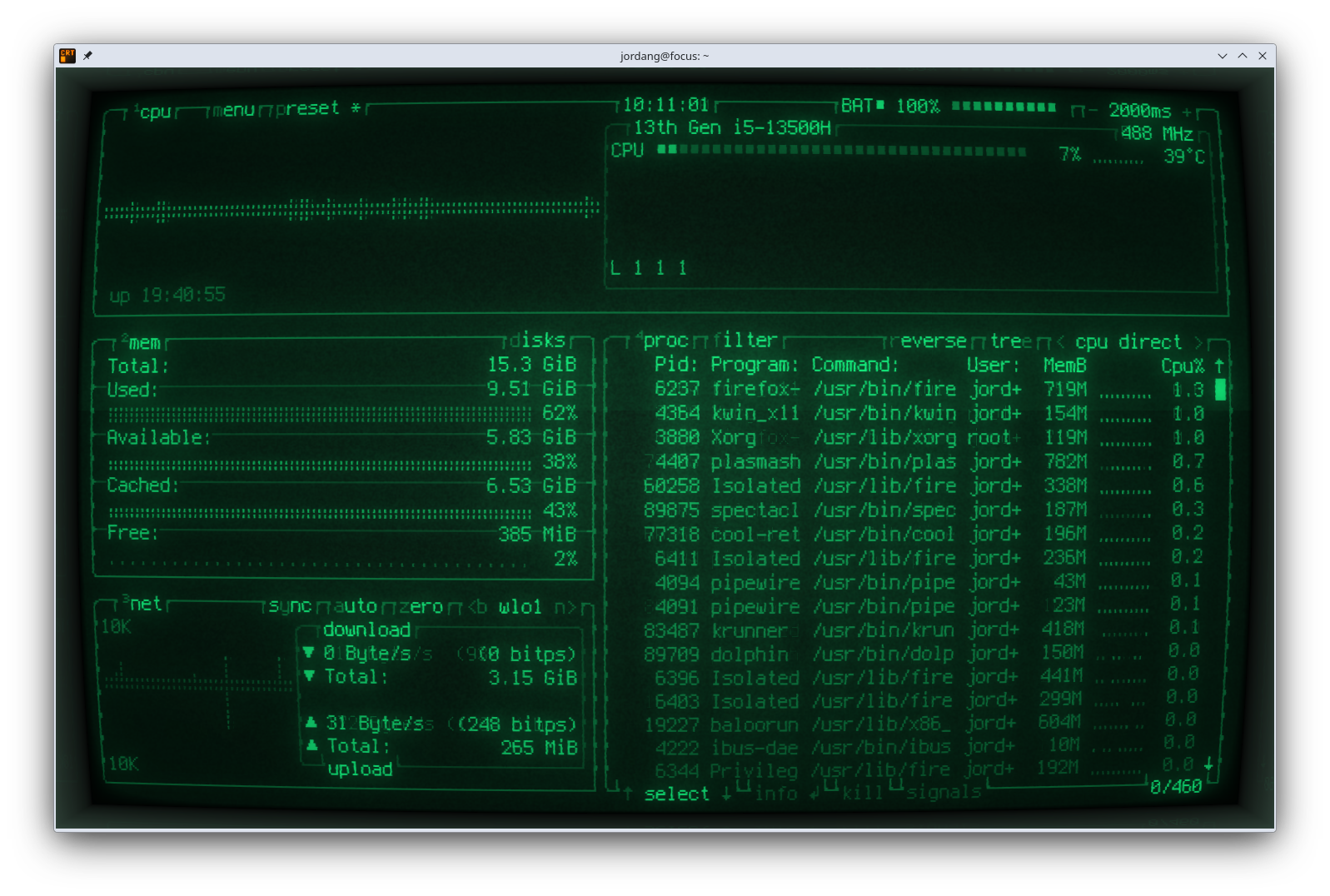 The cool-retro-term app running the btop TUI program. The terminal emulator has a retro green monochrome theme applied with screen curvature and noise visible.