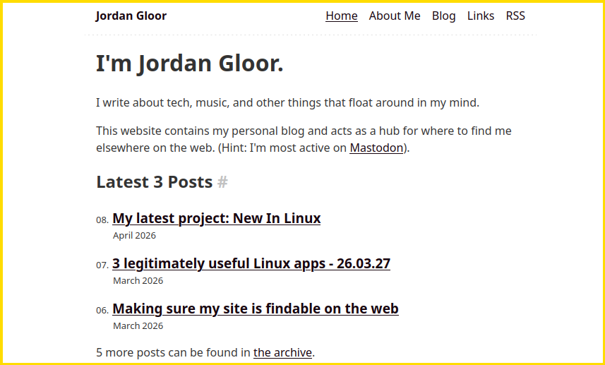 A webpage with black text on a white background, showing a navigation menu, an introduction, and links to blog posts.