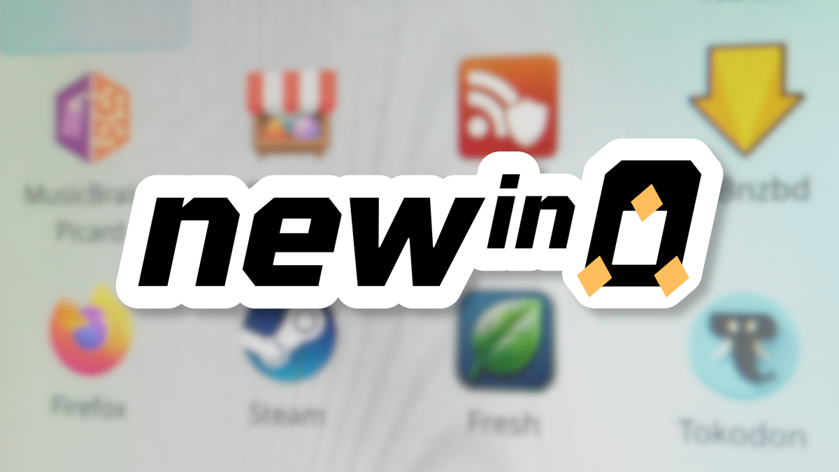 The words "New in" followed by a boxy Tux penguin character, over a blurry photo of some Linux app icons.