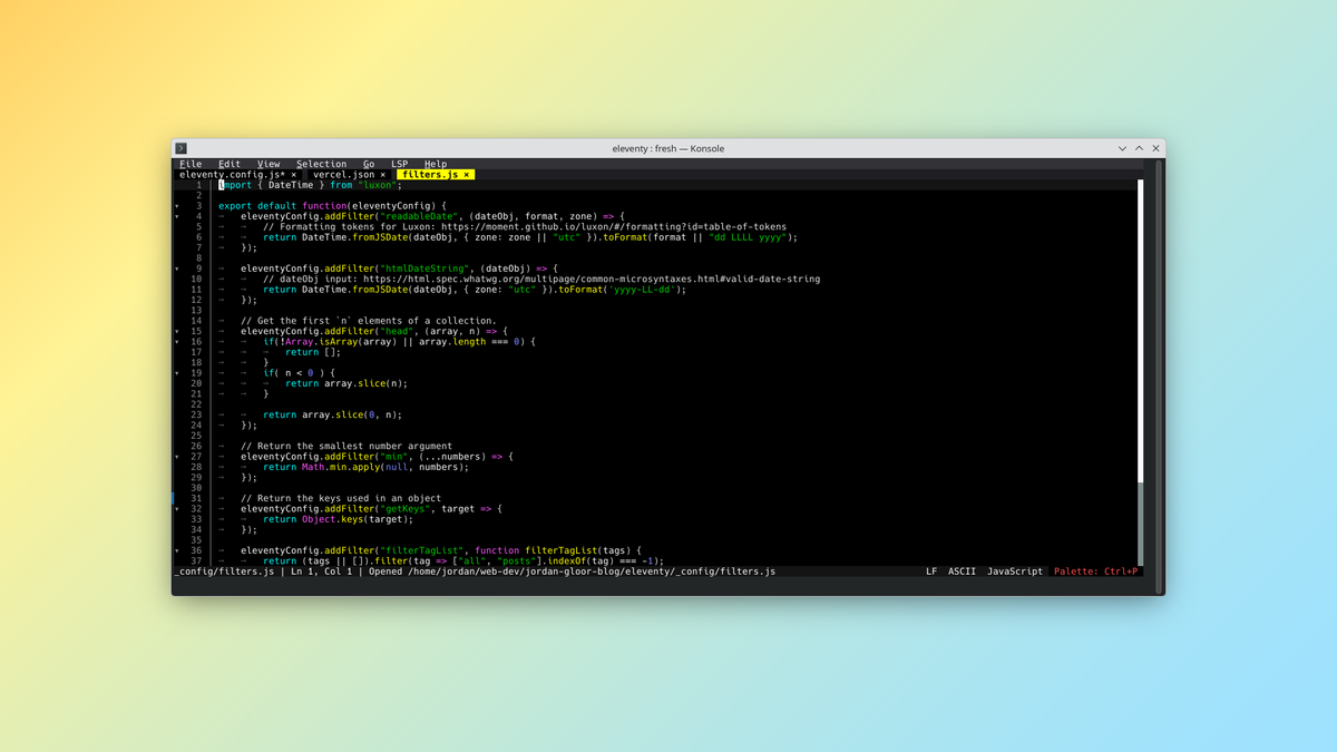 A terminal window with the Fresh text editor open over a gradient starting in the upper-left corner shifting from yellow to blue.