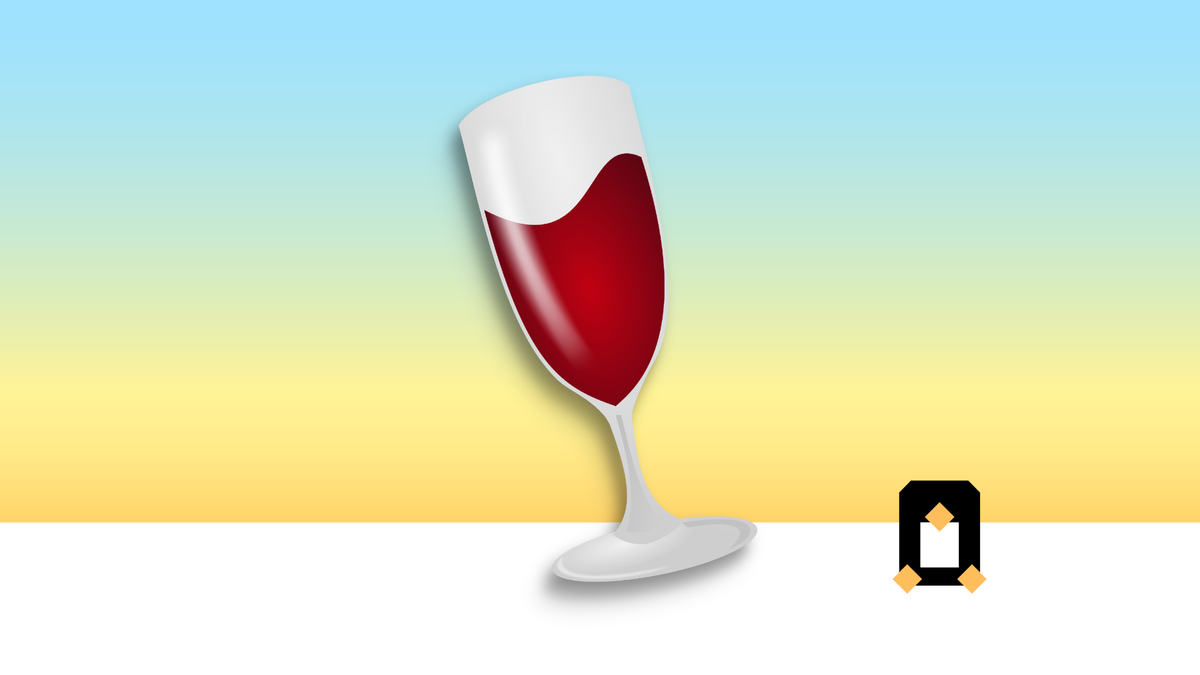 The Wine application logo (a flute glass with wine in it, tipped to the left) over a blue-to-yellow sunrise gradient with a blocky penguin icon on the horizon.