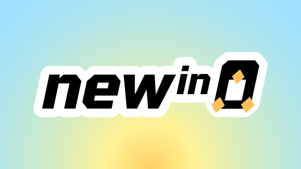 A logo with a black text and a white outline reading "New in" followed by a penguin, representing the "Tux" Linux mascot. The background is a sunrise-like yellow-to-blue gradient.